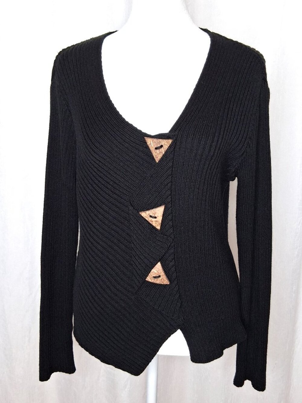 Putorti Black Ribbed Knit Asymmetrical V-Neckline Coconut Shell Buttons